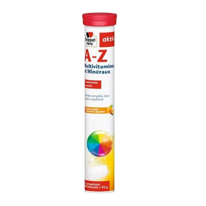 DOPPELHERZ AKTIV A-Z MULTIVITAMINES ET MINERAUX GOUT ORANGE FRUIT DE PASSION 15 COMPRIMES